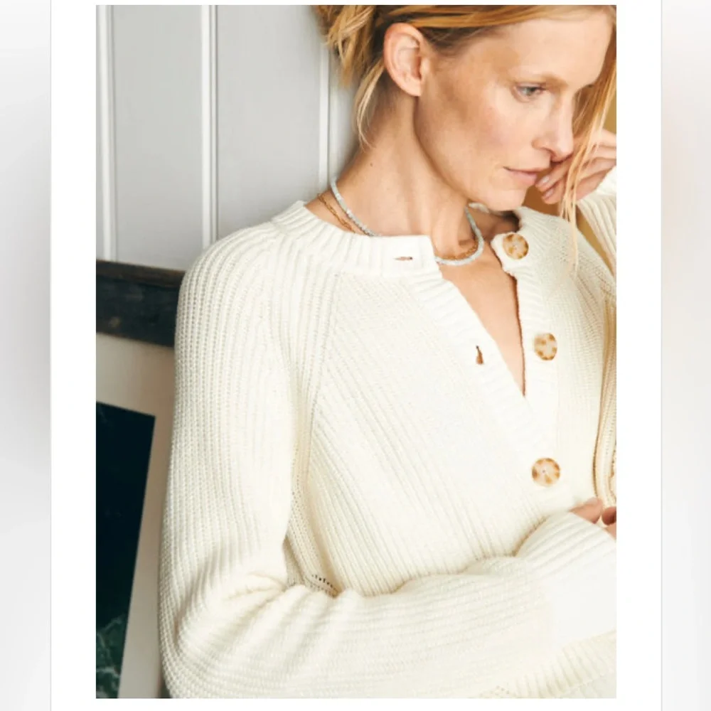 Faherty Ivory Ribbed Button Cardigan - Picture 3 of 13